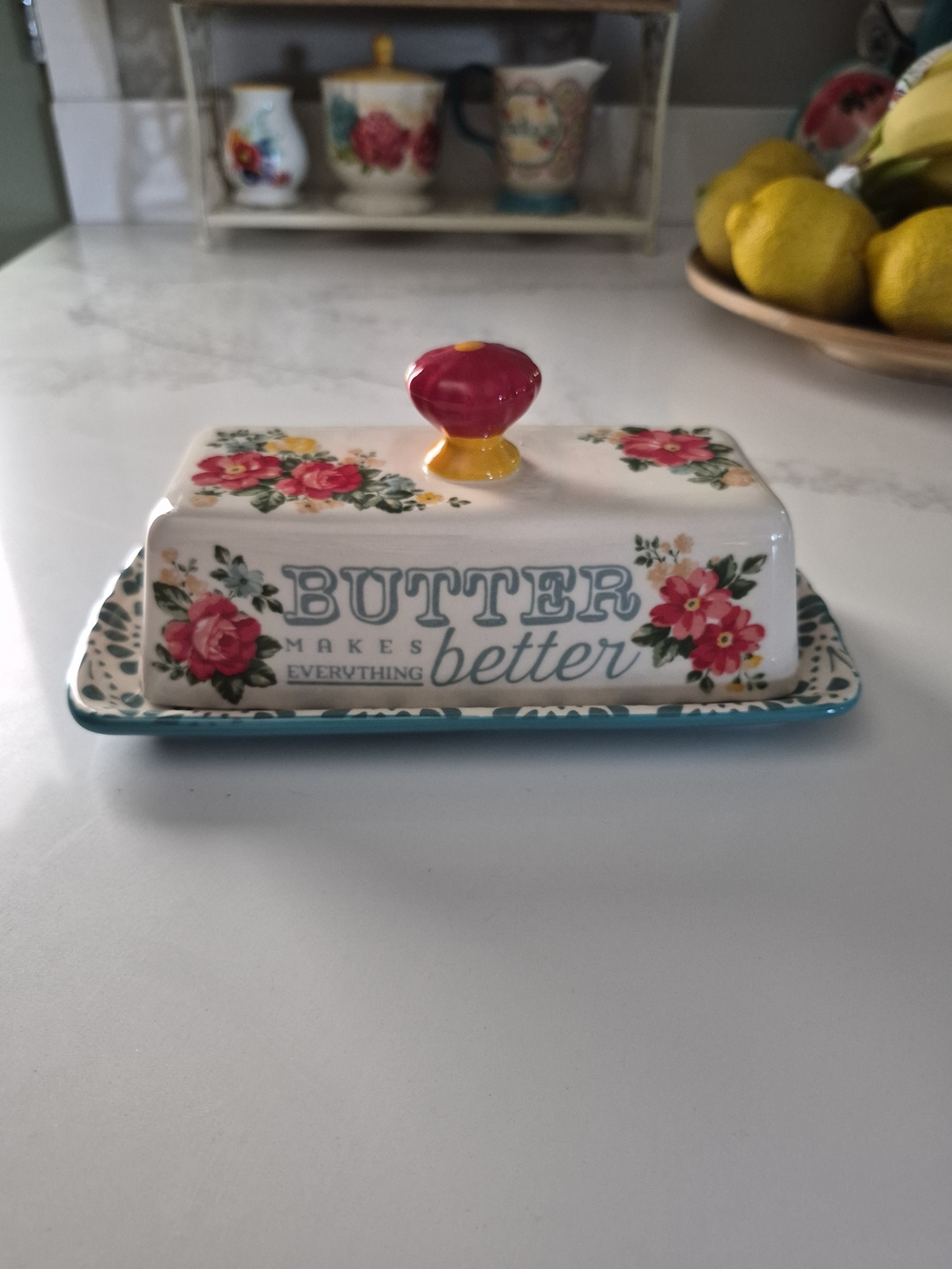 The Pioneer Woman Floral Ceramic Butter Dish Pink Knob - HTF Discontinued
